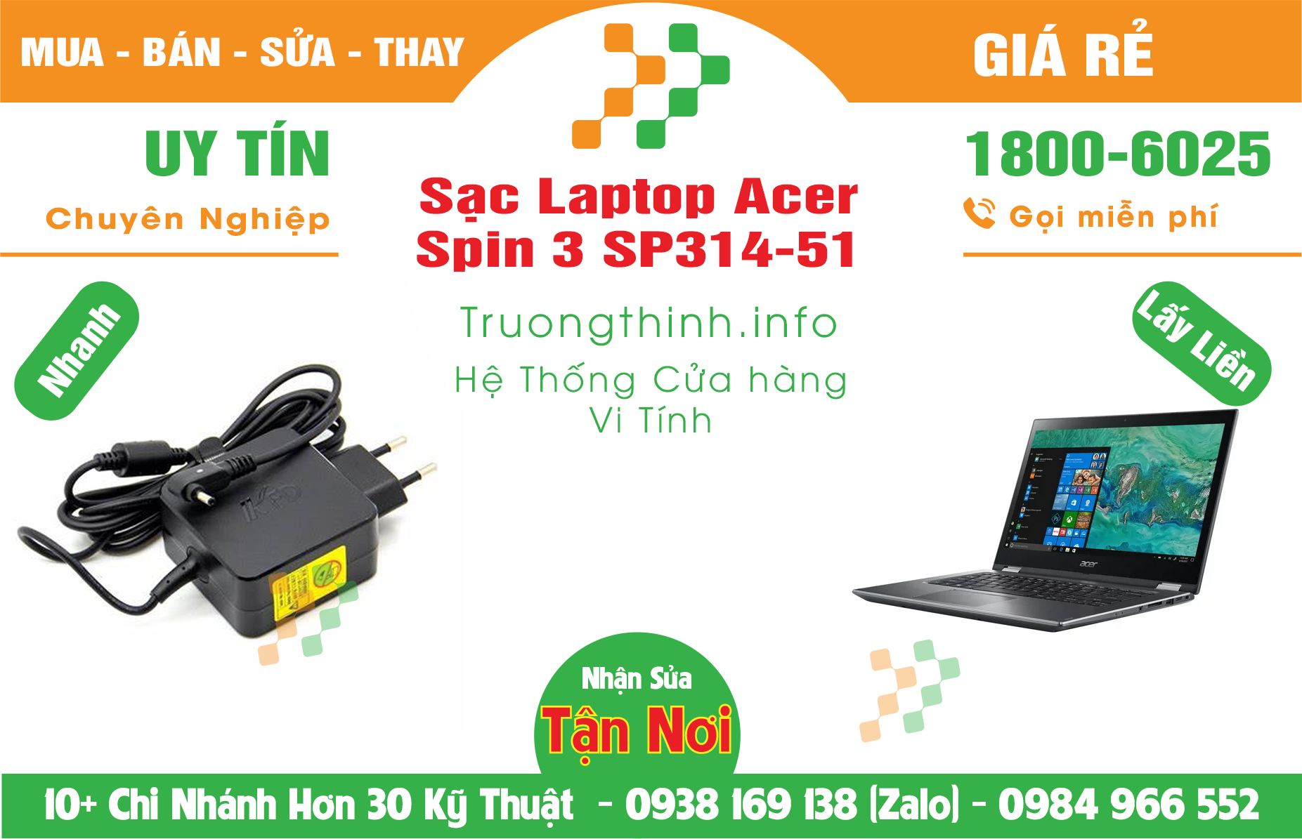 Mua Bán Sạc Laptop Acer Spin 3 SP314-51 Giá Rẻ | Máy Tính Trường Thịnh Giá Rẻ