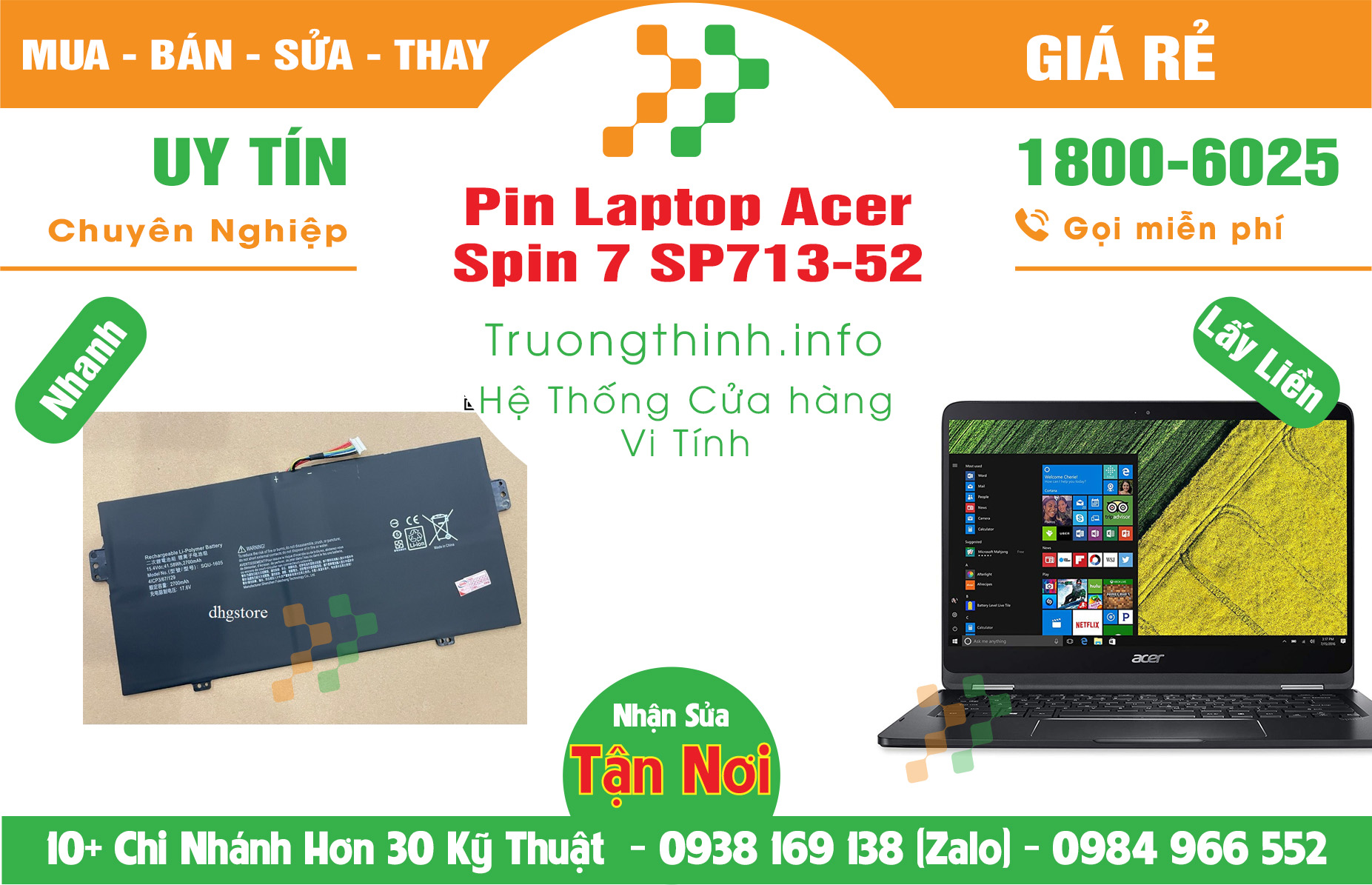 Mua Bán Pin Laptop Acer Spin 7 SP713-52 Giá Rẻ | Máy Tính Trường Thịnh Giá Rẻ